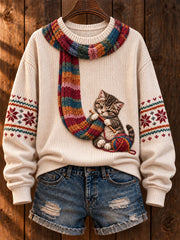 Damen-Strickpullover mit lässigem Katzen-Art-Print: Tabby-Katze beim Schalstricken