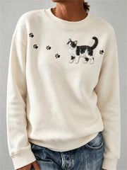 Damen-Sweatshirt mit niedlichem Kuh-, Katzen- und Pfotenmuster
