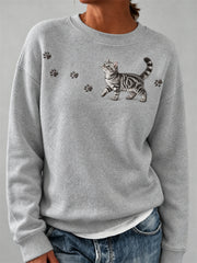 Damen-Sweatshirt mit niedlichem, flauschigem Print von amerikanischen Kurzhaarkatzen und Pfotenabdrücken