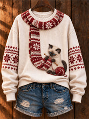 Damenpullover mit lässigem Kunst-Print: Siamesische Katze strickt einen Schal