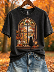 Damen-Herbst-T-Shirt mit Landschafts- und Kuschelkatzen-Print, kurzärmelig