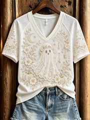 Damen-Klassisches Halloween-T-Shirt mit Geister- und Blumenmotiv, Kurzarm