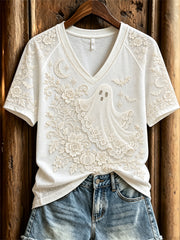 Damen-Klassisches Halloween-T-Shirt mit Geister- und Blumenmotiv, Kurzarm
