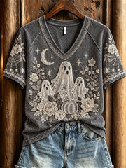 Damen-Klassisches Halloween-T-Shirt mit Geister- und Blumenmotiv, Kurzarm