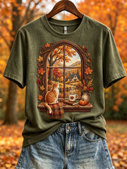 Damen-Herbst-T-Shirt mit Landschafts- und Kuschelkatzen-Print, kurzärmelig