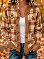Damen-Strickjacke im karierten Herbstdesign, lässiger Cardigan-Stil