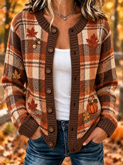 Damen-Strickjacke im karierten Herbstdesign, lässiger Cardigan-Stil