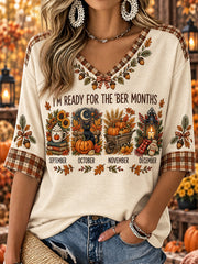 Damen-Herbst-Element-Muster-Design lässig mittellange Ärmel mit V-Ausschnitt T-Shirt