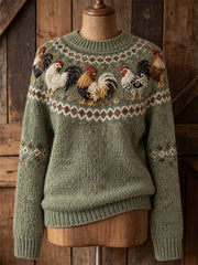 Damen Vintage Hähne Yoke Isle Print Pullover mit Rundhals ausschnitt