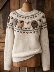 Damen Vintage Fuzzy Sheep Yoke Isle Print Pullover mit Rundhals ausschnitt
