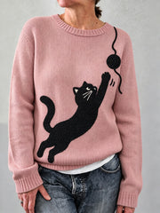 Bequemer Damen-Pullover mit niedlichem schwarzen Katzen-Print