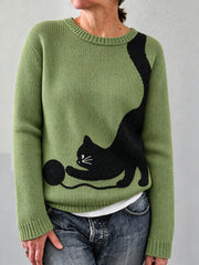 Damen schöne schwarze Katze Print Gemütliche Pullover