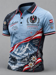 Herren-Poloshirt mit Nationaltag-Gedenkdruck und kurzen Ärmeln