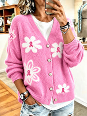 Damen-Strickjacke mit rosa Blumen – Unterstützung zur Brustkrebsbewusstseinsbildung