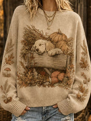 Damen niedlicher Herbst-Welpe mit Blumen kürbisse Print Rundhals pullover