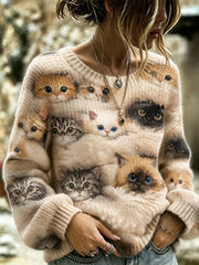 Damenpullover mit süßem, buntem Katzenkopf-Design, lässiger Rundhalsausschnitt