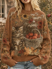 Damen niedliche Herbst katze mit Blumen druck Rundhals pullover