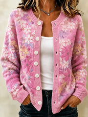 Damen-Strickjacke mit rosa Blumen – Unterstützung zur Brustkrebsbewusstseinsbildung