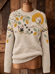 Damen Vintage Animal Fair Isle Print Komfortabler Pullover mit Rundhals ausschnitt