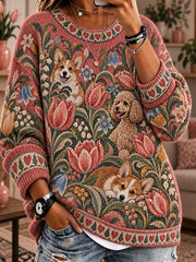 Damen-Strickpullover im Vintage-Stil mit Animal- und Fair-Isle-Muster, bequemer Rundhalsausschnitt