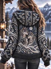 Kuschelige Kapuzenpulloverjacke für Damen mit Animal-Print im Vintage-Stil