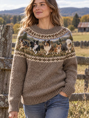 Damen-Strickpullover im Vintage-Stil mit Animal- und Fair-Isle-Muster, bequemer Rundhalsausschnitt