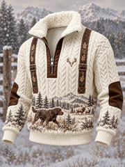Herren-Jacke im Vintage-Western-Stil mit Jagdmotiv, lässig, Stehkragen und Kragen aus Kunstfell