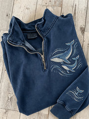 Dreamy Wale & Ocean Waves Print Sweatshirt mit Reiß verschluss