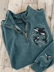 Dreamy Killer Wale & Ocean Waves Print Sweatshirt mit Reiß verschluss