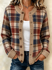 Damen-Vintage-Karo-Print-Patchwork-Kunst-Strickjacke