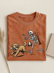 Lustiges Damen-T-Shirt mit Hund- und Skelett-Print für Halloween, lässiger Stil