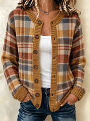 Damen-Strickjacke im Vintage-Stil mit Karomuster und Patchwork-Optik