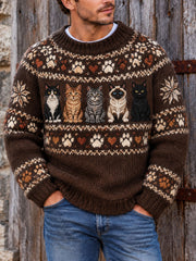 Herren-Vintage-Strickpullover mit Katzenmuster im Fair-Isle-Stil