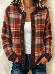 Damen-Strickjacke im Vintage-Stil mit Karomuster und Patchwork-Optik
