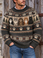 Herren-Vintage-Strickpullover mit Katzenmuster im Fair-Isle-Stil