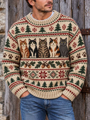 Herren-Vintage-Strickpullover mit Katzenmuster im Fair-Isle-Stil
