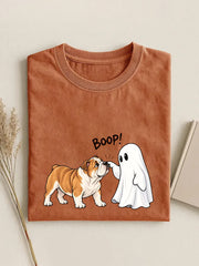 Lustiges Damen-T-Shirt mit Hund- und Geister-Print für Halloween, lässig geschnitten