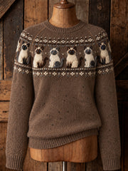 Damen-Vintage-Strickpullover mit süßen Katzen und Yoke-Isle-Muster, langärmelig