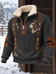 Herren Vintage Western Hunting Art Print Freizeit-Jacke mit Faux Pelz kragen