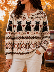 Damen schwarze Katze Fair Lsle Print Pullover
