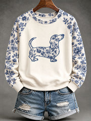 Damen Dackel Sweatshirt im chinesischen Stil mit Blumen druck