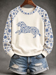 Damen Sheep dog Sweatshirt im chinesischen Stil mit Blumen druck