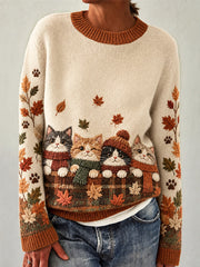 Damenpullover mit niedlichem Katzen-Druck, langärmlig, für Herbst und Winter