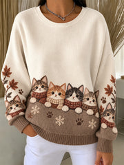 Frauen niedliche Katzen im Herbst und Winter Druck gerippt Rundhals-Sweatshirt