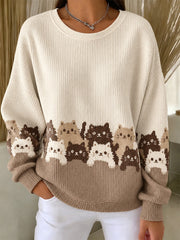 Damen-Sweatshirt mit süßen Katzenmotiven im Herbst- und Winterprint, gerippt, Rundhalsausschnitt