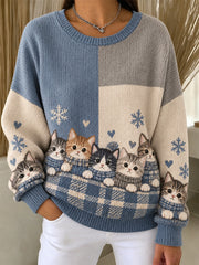 Damen-Sweatshirt mit süßen Katzenmotiven im Herbst- und Winterprint, gerippt, Rundhalsausschnitt