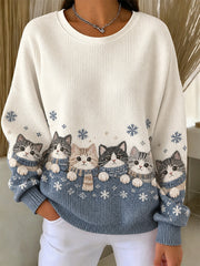 Damen-Sweatshirt mit süßen Katzenmotiven im Herbst- und Winterprint, gerippt, Rundhalsausschnitt