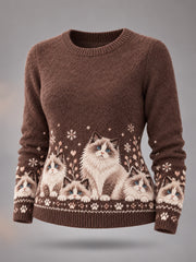 Damen-Sweater mit niedlichem Katzen-Print, lässig für Katzenliebhaberinnen, Winterkollektion