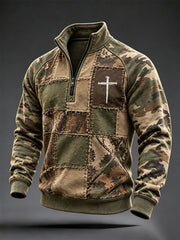 Herren-Sweatshirt mit christlichem Kreuzmuster und Patchwork-Design