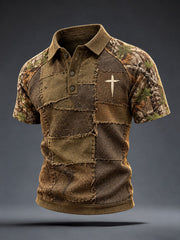 Herren-T-Shirt mit christlichem Kreuzmuster im Patchwork-Stil